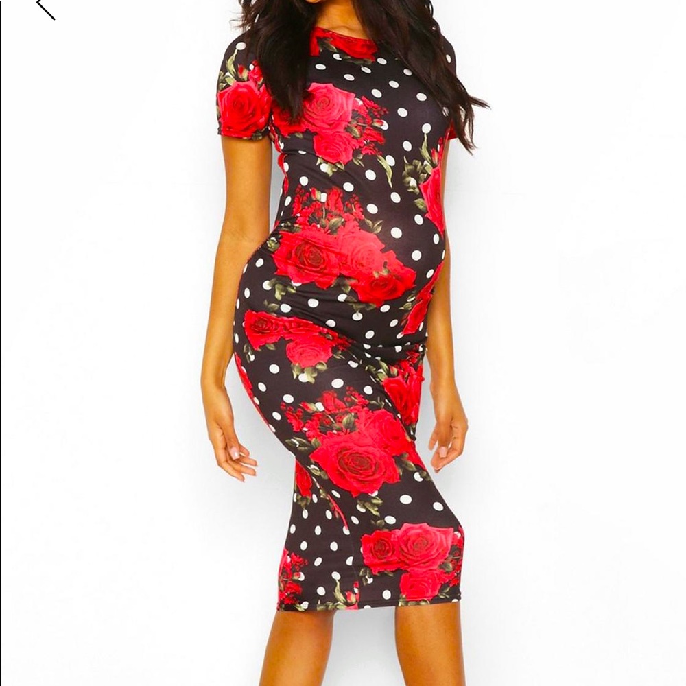 Maternity Polka Dot & Rose Midi Dress